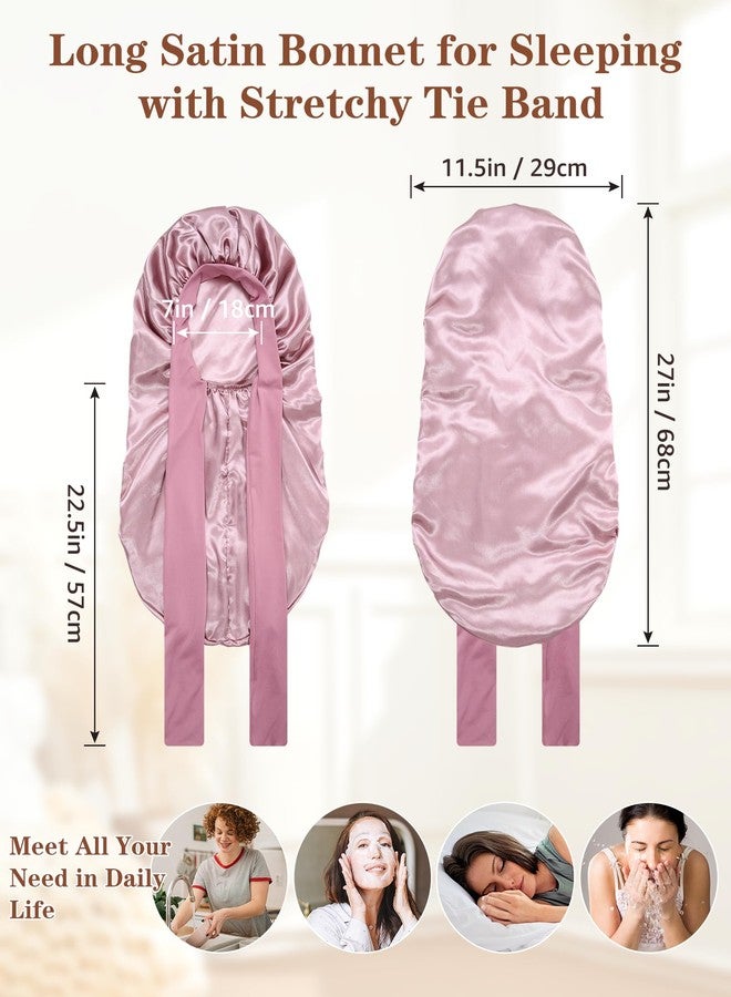CHLINS Braids Satin Bonnet for Sleeping Long Bonnet Women Hair Bonnet with Stretchy Tie Band Satin Hair Wrap(Red Bean) - Image 2